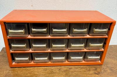Vintage Raaco Metal Storage Cabinet 15 Drawer Parts Organizer Denmark Orange MCM