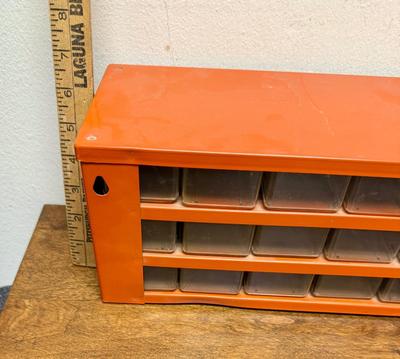 Vintage Raaco Metal Storage Cabinet 15 Drawer Parts Organizer Denmark Orange MCM