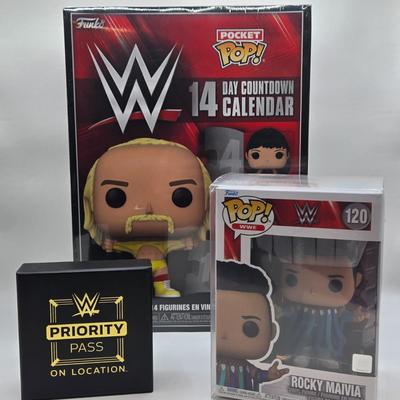 LOT 6: Pocket Pops 14 Day Wrestling Calendar, Wrestle Mania Priority Pass, and Rocky Maivia Pop NIB