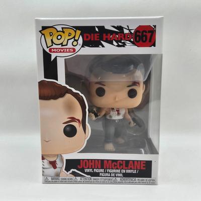 LOT 45: NIB Funko Pops Die Hard's John McClane and Hans Gruber, & Happy Gilmore, and Diana Prince