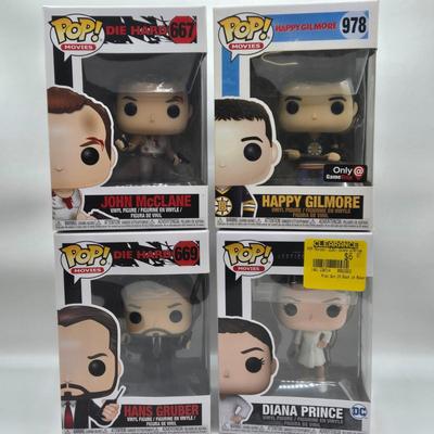 LOT 45: NIB Funko Pops Die Hard's John McClane and Hans Gruber, & Happy Gilmore, and Diana Prince