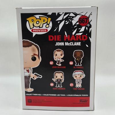 LOT 45: NIB Funko Pops Die Hard's John McClane and Hans Gruber, & Happy Gilmore, and Diana Prince