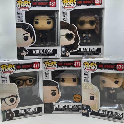 LOT 74: NIB Mr. Robot Funko Pops Including Mr. Robot, Elliot Alderson, Darlene, White Rose, and Angela Moss