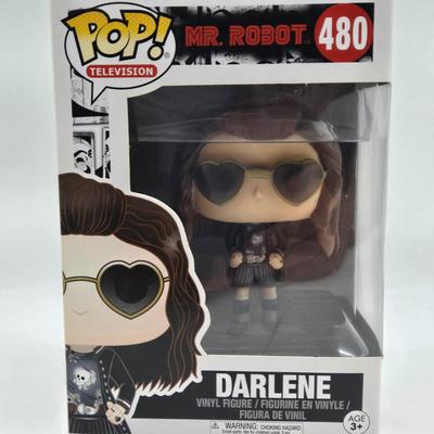 LOT 74: NIB Mr. Robot Funko Pops Including Mr. Robot, Elliot Alderson, Darlene, White Rose, and Angela Moss