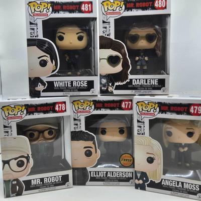 LOT 74: NIB Mr. Robot Funko Pops Including Mr. Robot, Elliot Alderson, Darlene, White Rose, and Angela Moss