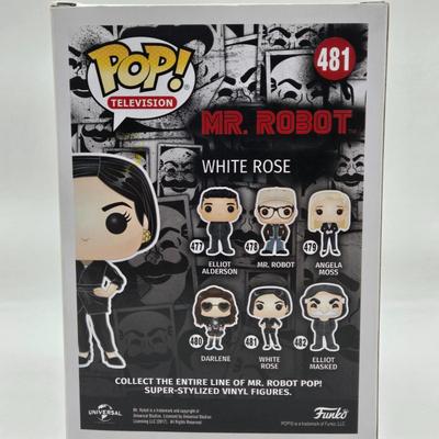 LOT 74: NIB Mr. Robot Funko Pops Including Mr. Robot, Elliot Alderson, Darlene, White Rose, and Angela Moss