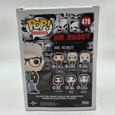 LOT 74: NIB Mr. Robot Funko Pops Including Mr. Robot, Elliot Alderson, Darlene, White Rose, and Angela Moss
