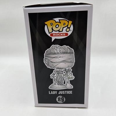 LOT 122: NIB Funko Pops Including Iggy Pop, Tupac Shakur, Notorious B.I.G., Janis Joplin , and Metallica Lady Justice