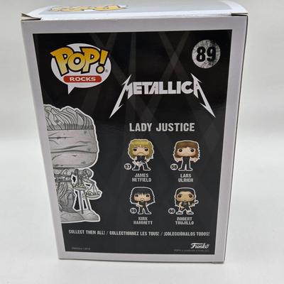 LOT 122: NIB Funko Pops Including Iggy Pop, Tupac Shakur, Notorious B.I.G., Janis Joplin , and Metallica Lady Justice