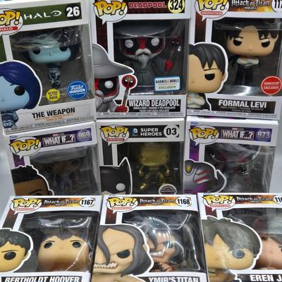 LOT 193: NIB Variety of Funko Pops Including Wizard Deadpool, Halo the Weapon, and Super Heroes Batgirl