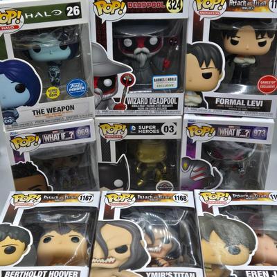 LOT 193: NIB Variety of Funko Pops Including Wizard Deadpool, Halo the Weapon, and Super Heroes Batgirl