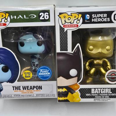 LOT 193: NIB Variety of Funko Pops Including Wizard Deadpool, Halo the Weapon, and Super Heroes Batgirl