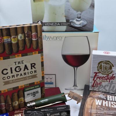 LOT 195: Relax with a Drink and a Smoke.... 2 Sets of Glasses, Cigar Box, and More