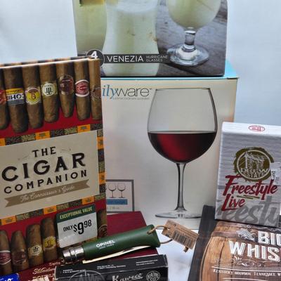 LOT 195: Relax with a Drink and a Smoke.... 2 Sets of Glasses, Cigar Box, and More