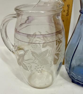 Vintage Pair of Glass Pitchers: Bartlet Collins Etched Pitcher and MCM Blue Glass pitcher