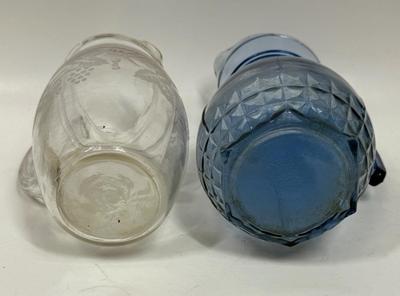 Vintage Pair of Glass Pitchers: Bartlet Collins Etched Pitcher and MCM Blue Glass pitcher