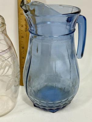 Vintage Pair of Glass Pitchers: Bartlet Collins Etched Pitcher and MCM Blue Glass pitcher