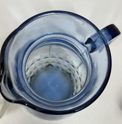 Vintage Pair of Glass Pitchers: Bartlet Collins Etched Pitcher and MCM Blue Glass pitcher