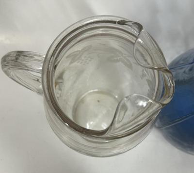 Vintage Pair of Glass Pitchers: Bartlet Collins Etched Pitcher and MCM Blue Glass pitcher
