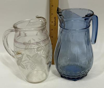 Vintage Pair of Glass Pitchers: Bartlet Collins Etched Pitcher and MCM Blue Glass pitcher
