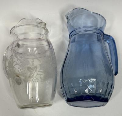 Vintage Pair of Glass Pitchers: Bartlet Collins Etched Pitcher and MCM Blue Glass pitcher