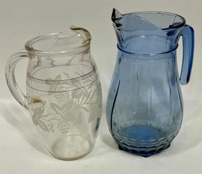 Vintage Pair of Glass Pitchers: Bartlet Collins Etched Pitcher and MCM Blue Glass pitcher