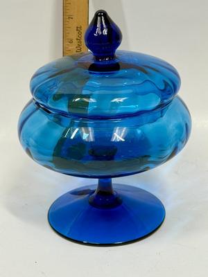 Antique Blenko Cobalt Blue Empoli Art Glass Compote with a Circus Tent Lid