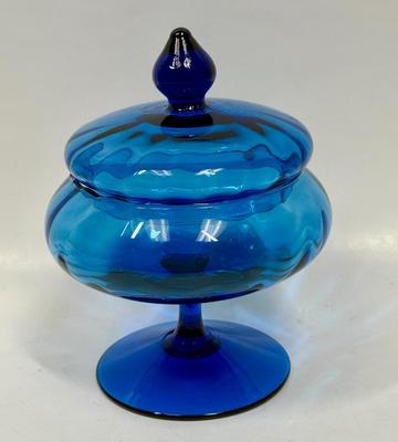 Sale Photo Thumbnail #122: Lidded Blue compote features a footed base and a lid resembling a circus tent, and is characteristic of Empoli glass, a style of Italian glassware popular in the mid-20th century. Original owner was 97, so this item is likely a period original.