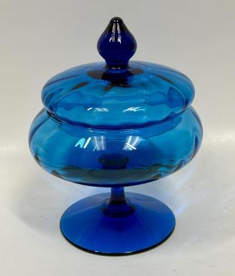 Antique Blenko Cobalt Blue Empoli Art Glass Compote with a Circus Tent Lid