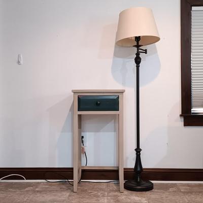 LOT 6: Wood Side Table with Drawer and Metal Floor Lamp