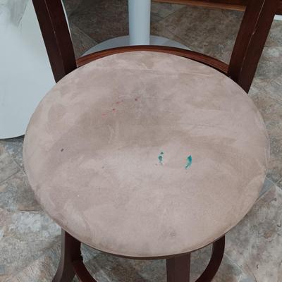 LOT 7: Bistro Set with Two (2) White Feaux Marble Topped Tables and Three Wooden Stools