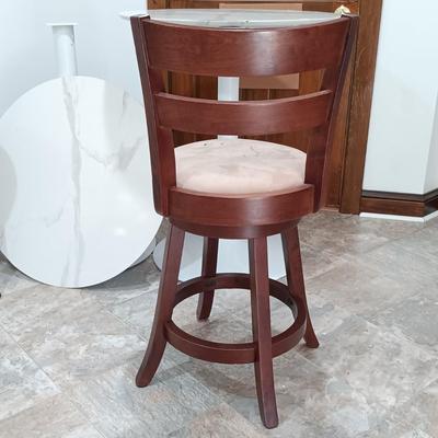 LOT 7: Bistro Set with Two (2) White Feaux Marble Topped Tables and Three Wooden Stools
