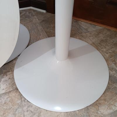 LOT 7: Bistro Set with Two (2) White Feaux Marble Topped Tables and Three Wooden Stools