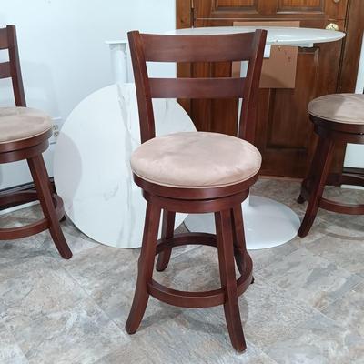 LOT 7: Bistro Set with Two (2) White Feaux Marble Topped Tables and Three Wooden Stools