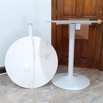 LOT 7: Bistro Set with Two (2) White Feaux Marble Topped Tables and Three Wooden Stools