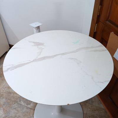 LOT 7: Bistro Set with Two (2) White Feaux Marble Topped Tables and Three Wooden Stools