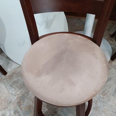 LOT 7: Bistro Set with Two (2) White Feaux Marble Topped Tables and Three Wooden Stools