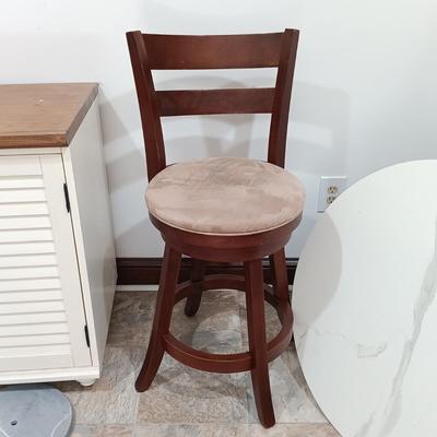 LOT 7: Bistro Set with Two (2) White Feaux Marble Topped Tables and Three Wooden Stools