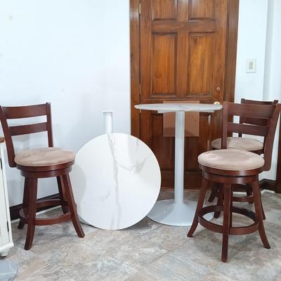 LOT 7: Bistro Set with Two (2) White Feaux Marble Topped Tables and Three Wooden Stools