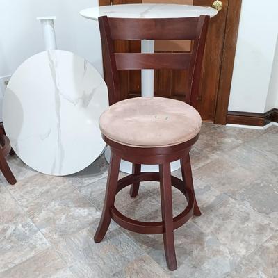 LOT 7: Bistro Set with Two (2) White Feaux Marble Topped Tables and Three Wooden Stools