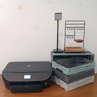 LOT 10: Office Essentials Featuring a HP ENVY Photo 6200 Printer, Desk Lamp, Wooden Paper Trays, and More