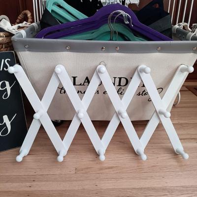 LOT 13: Laundry Room Essentials Including Laundry Basket/Cart, Woven Basket, Folding Wood Rack, Metal Towel Rack and More
