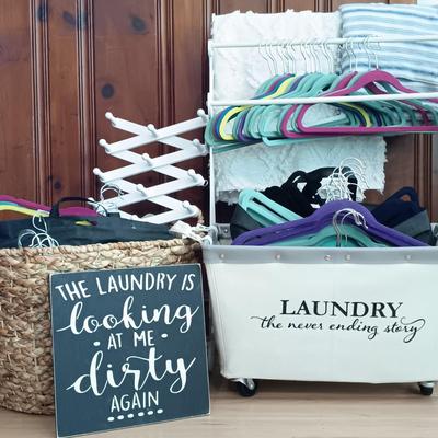 LOT 13: Laundry Room Essentials Including Laundry Basket/Cart, Woven Basket, Folding Wood Rack, Metal Towel Rack and More