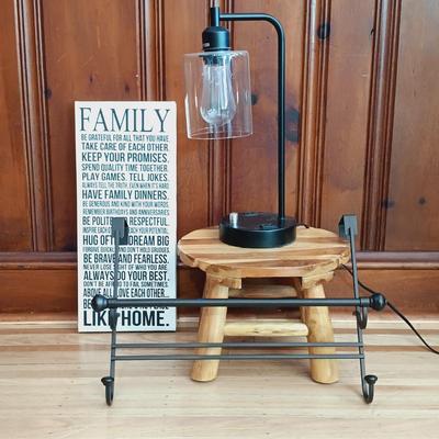 LOT 15: Contemporary Home Decor Including Slated Wood Top Stool, Industrial Style Lamp, Metal Rack and Inspirational Wall Plaque