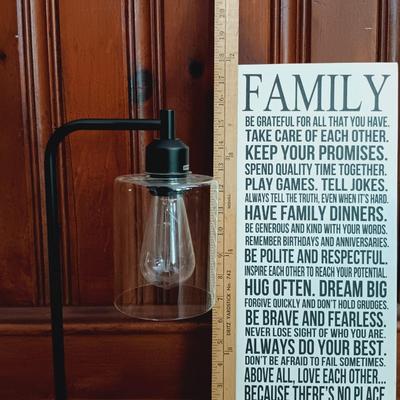 LOT 15: Contemporary Home Decor Including Slated Wood Top Stool, Industrial Style Lamp, Metal Rack and Inspirational Wall Plaque
