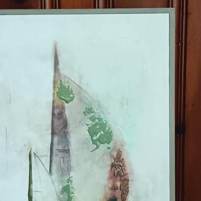 LOT 18: Framed Unsigned Sailboat Painting on Canvas