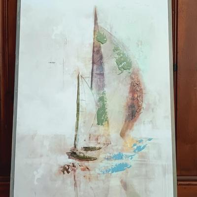 LOT 18: Framed Unsigned Sailboat Painting on Canvas