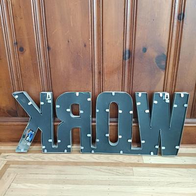 LOT 22: Inspirational Pastel Spring Decor Including LED Cinematic Light Box. Plaques, a Metal “WORK” Sign and More