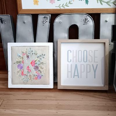 LOT 22: Inspirational Pastel Spring Decor Including LED Cinematic Light Box. Plaques, a Metal “WORK” Sign and More