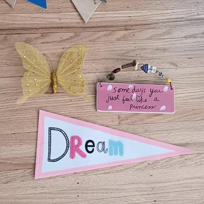 LOT 22: Inspirational Pastel Spring Decor Including LED Cinematic Light Box. Plaques, a Metal “WORK” Sign and More